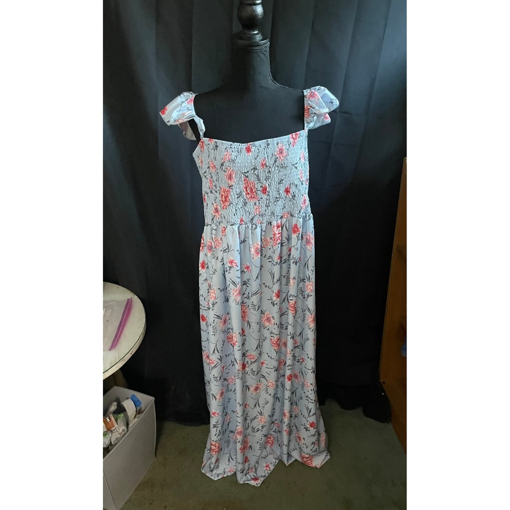 SHEIN CURVE 3XL Blue Floral Smocked Midi Dress Summer Boho Cottagecore‎ Vacation